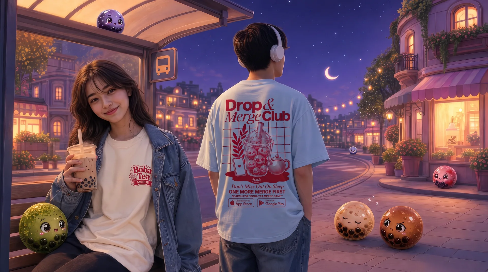 Two friends at a night bus stop, one in a blue Drop & Merge Club tee