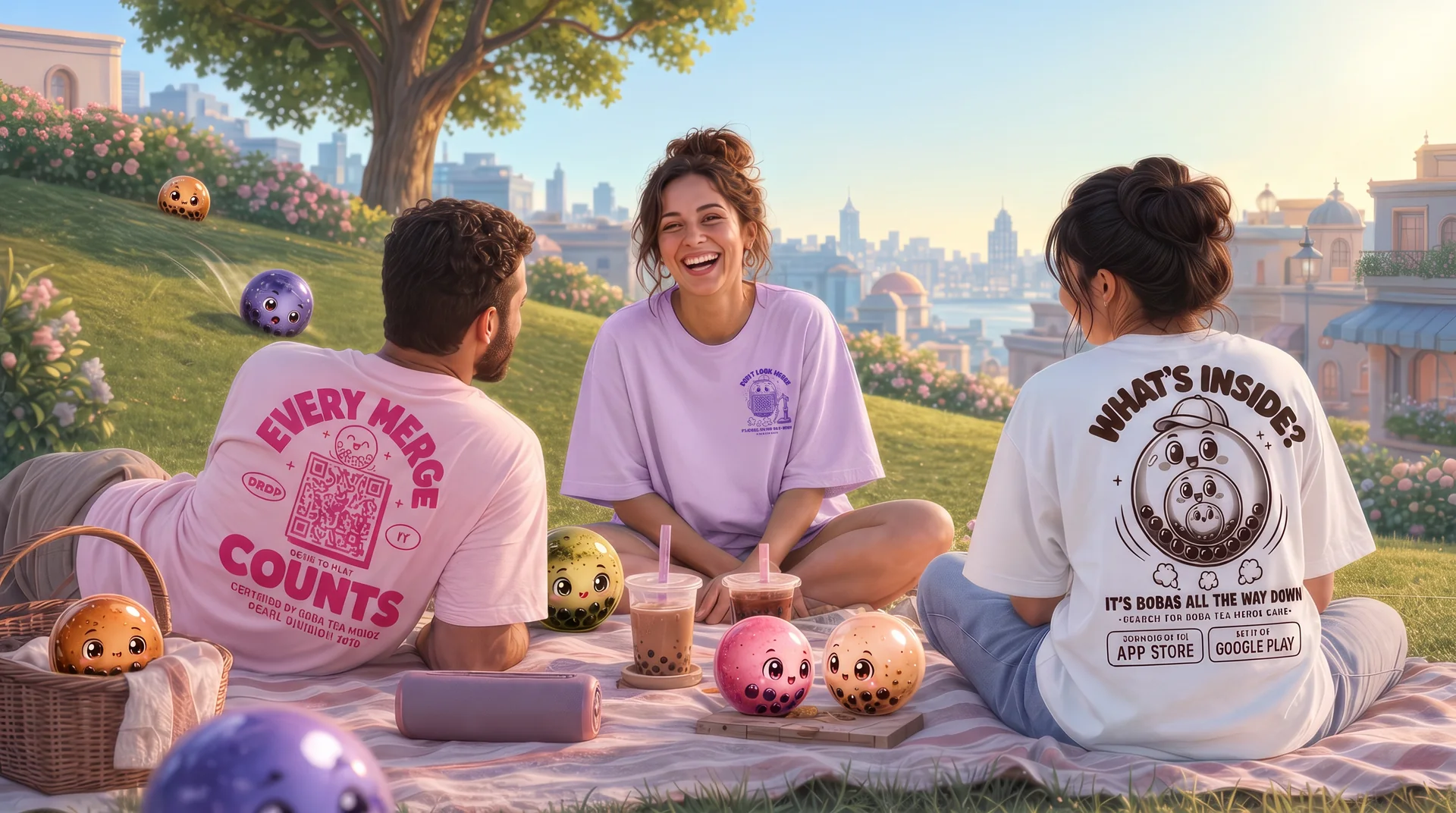 Three friends at a picnic wearing Every Merge Counts and What's Inside tees